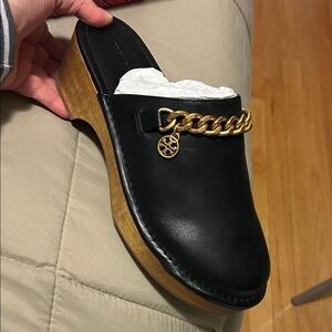Tory Burch Black Leather Mules with Gold Chain. New with tag and box